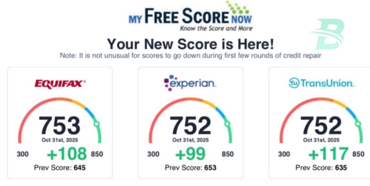 Credit score improvement showing Equifax 753 (+108), Experian 752 (+99), TransUnion 752 (+117)