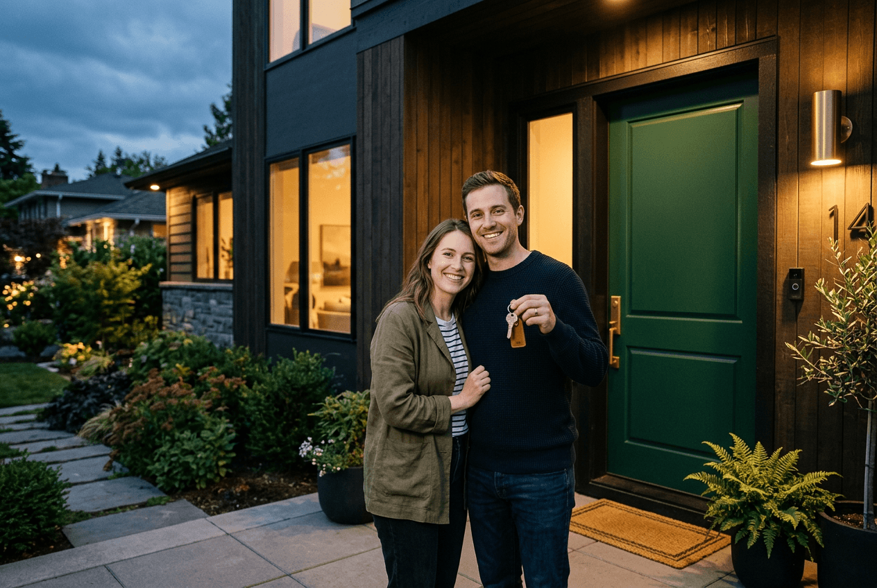 Couple holding keys to their new home