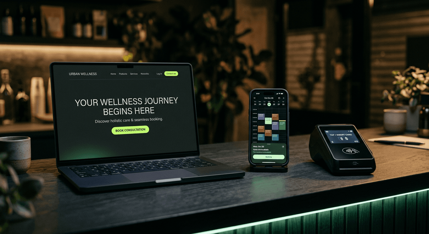 A laptop showing a landing page, a phone with a booking calendar, and a card payment terminal